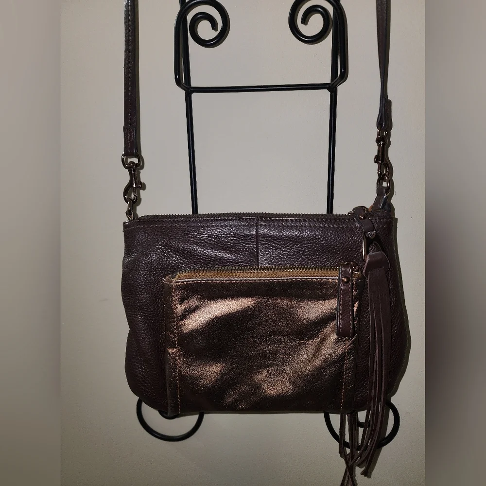 B Makowsky A210581 Bronize Metalic Crossbody Zebra Print Tassels Leather Purse